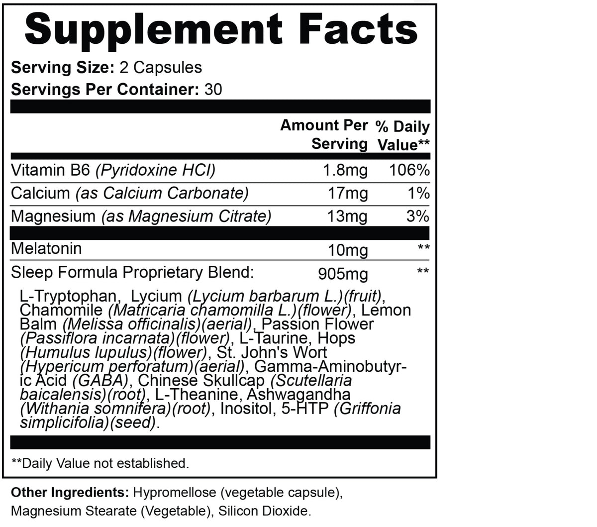 Downtime - Sleep Support Capsules supplement facts panel